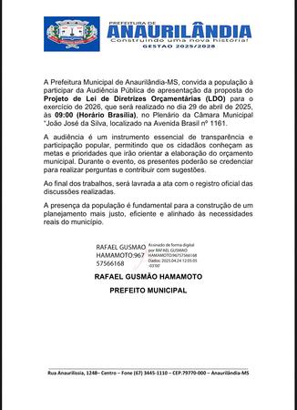 Anaurilândia Convoca População para Audiência Pública sobre Diretrizes Orçamentárias Para o Exercício de 2026